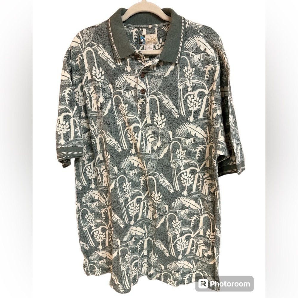 Kahala Hawaiian Islands Cotton Polo Green Cream Shirt XL